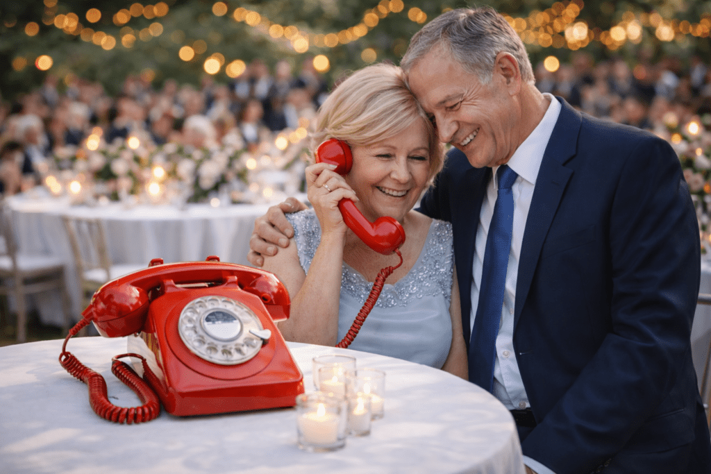 abuelos dejando mensaje en un telefono audiolibro en una boda en tenerife